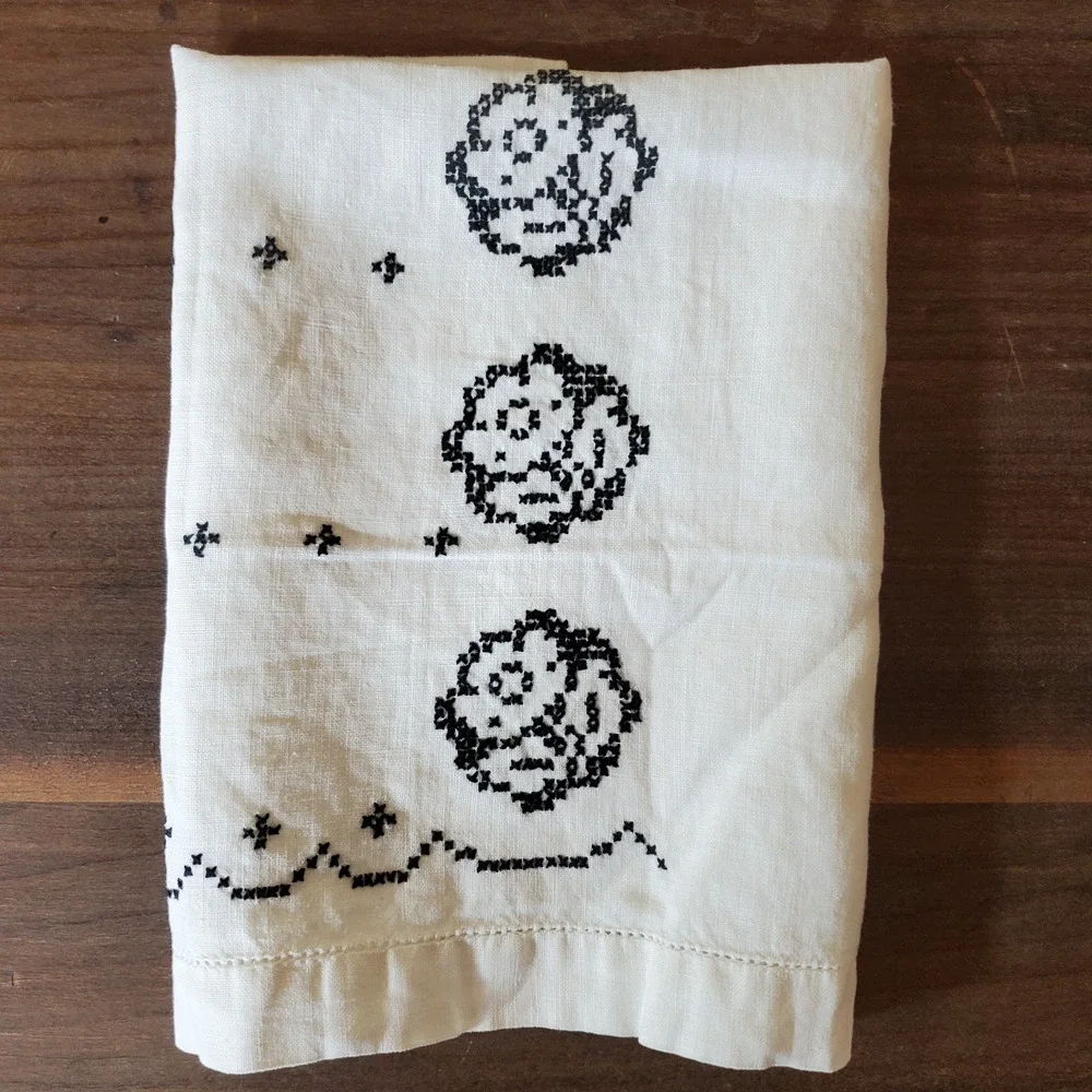 Vintage Hand Towel Black Rose Cross Stitch on White 17x12 Inch